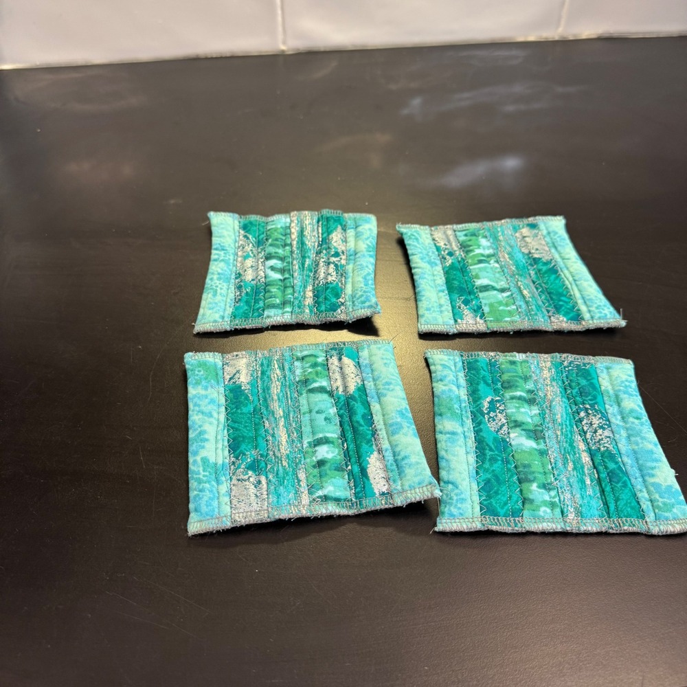 Handmade Quilted Coasters Set of 4 Teal Green Silver Boho Coastal Decor